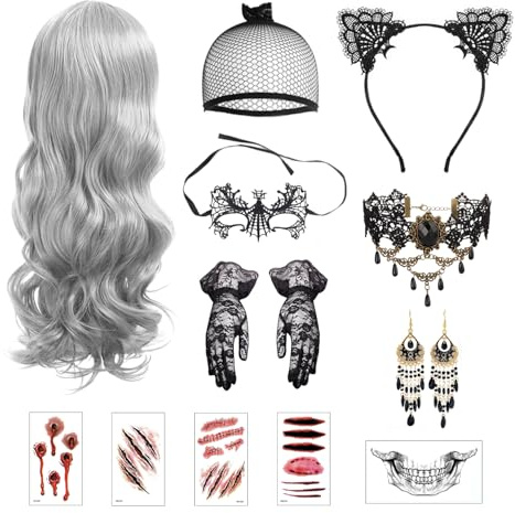 Perücke Halloween Damen, Grau Gewellte Hexen Perücke, Gotisch Accessoires, Kann mit Halloween Kostüm, Geeignet für Karneval, Maskerade und Cosplay