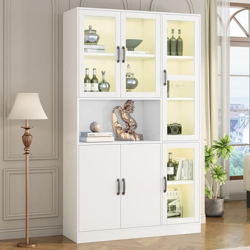 Kebnor Vitrina blanca, estanterías con puertas, estanterías de pie para libros, aparador de cocina grande, armario de despensa, estantería de lujo con luz LED, armario de vitrina con estantes (120 x
