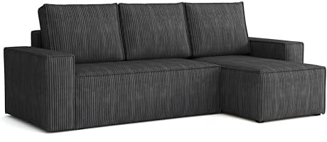Ecksofa L Form Bergamo 240x142 cm mit Schlaffunktion und Bettkasten Couch Cord Schlafsofa Schlafcouch universale Seite klein Flur Sofa, 3 Sitzer Wohnlanschaft Cornersofa Bettsofa Kissen grau