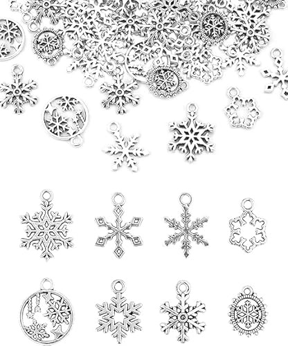 80 Stück Silberne Schneeflocken Anhängers, Weihnachten Anhänger, Charm Anhänger Schneeflocke, Weihnachtsanhänger, Schneeflocken Charms, Weihnachten Charms für DIY Armband, Halskette, Ohrring (A)