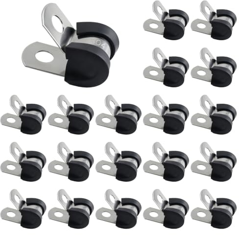 20 PCS Stainless Steel Rubber Cushioned R Shape Clamps (6mm) | Rubber Lined Conduit Clip Hose Clips,Cable Cleats Pipe Clips P Clip,Mounting Hose Pipe Clamp,Cable Clamps for Cord,Wire,Tube