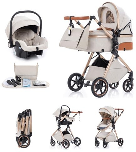 Kakbgee Cochecito 3 en 1, Carrito bebé Plegable, Manillar 7 Alturas