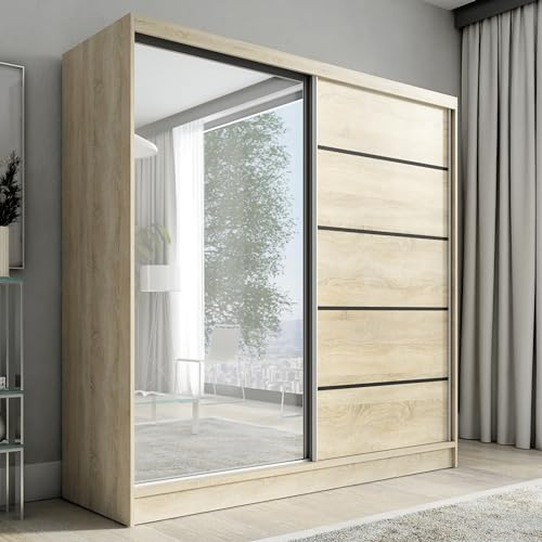 A&J MöbelLand Schwebetürenschrank KARO 2 Kleiderschrank 2-türig mit Spiegel Garderobenschrank 200 cm (Sonoma)