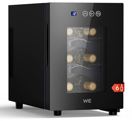 WIE Weinkühlschrank Klein 6 Flaschen - Mini Kühlschrank mit Glastür 4–16°C, Getränkekühlschrank mit UV-Schutz Glastür, LED, Touchpanel, 3 Ebenen, <42 dB, für Zuhause, Bar, Schlafzimmer
