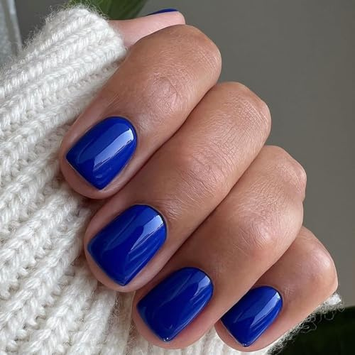 Royal Blue Press On Nails Short - Elegant Vibrant Blue False Nails Square - Reusable Soft Gel Fake Nails with Glue - Artificial Navy Blue Stick on Nails for Women Daily Summer Wear