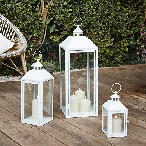 Lights4funSet of 3 Large White Metal Battery Operated Fully Waterproof Outdoor Garden LED TruGlow® Candle Lantern for Indoor Outdoor Use