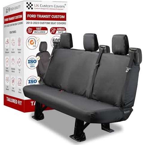 To Fit Ford Transit Custom Seat Covers 2013-2023 Rear Set | Waterproof & Heavy Duty, Airbag Compatible, Easy To Fit - Tailored Rear Bench Black