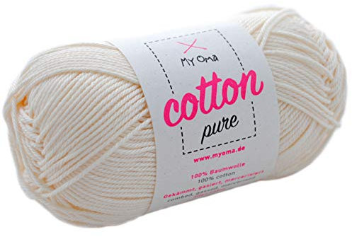 My Oma weiße Baumwolle Stricken Cotton Pure Perlmutt (Fb 0102)- Baumwollgarn zum Häkeln + GRATIS Anleitung - 1 Knäuel Baumwollgarn weiß/Natur weiß Baumwolle - 50g/125m - Nadelstärke 2,5-3,5mm