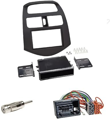 Einbauset: Autoradio Doppel-DIN 2-DIN Blende Einbaurahmen Radioblende mit ABLAGEFACH schwarz + ISO Radioadapter Radio Adapter + KFZ Antennenadapter für Chevrolet Spark (KL1M) ab 10/2012