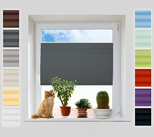 Plissee Rollo ohne Bohren - Jalousie mit easyfix Metall Klemmträger | SUPER Pearl Stoffkollektion | Leicht zu montieren | Faltrollo Sichtschutz, Sonnenschutz, Fenster - [Grafit, B: 55cm, H: 70cm]