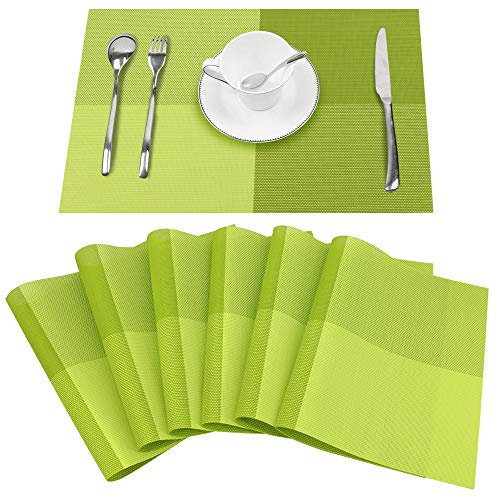 Time to Sparkle Set of 6 Vinyl Woven Placemats Place Mats Non slip Table Mats Waterproof Heat-resistant Dinning Table Mats Decor (PVC-Green)
