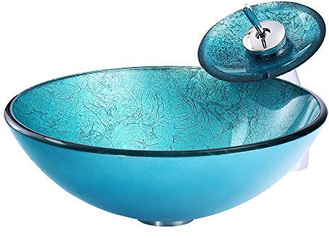 HomeLava Modern Gehärtetes Glas Waschbecken Set Klein Rund Aufsatzwaschbecken Blau 30 cm Becken mit Wasserfall Wasserhahn