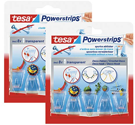 tesa Powerstrips Deco-Haken, transparent, für max. 200g, 5 Haken (2 Packungen)