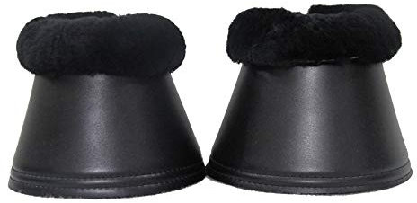 Merauno® Lammwolle Hufglocken, aus Kunstleder, mit Neopren-Innenfutter und Lammfellrand. Farbe:Natur, Schwarz, Braun, Anthrazit (XXL, Schwarz+Schwarz)