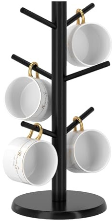 Wisuce Black Coffee Mug Tree, Updated Thick Bamboo Mug Holder Base,Coffee Cup Stand Mug Holders with 6 Hooks for Countertop Cup Rack Organizer Stand (Black)