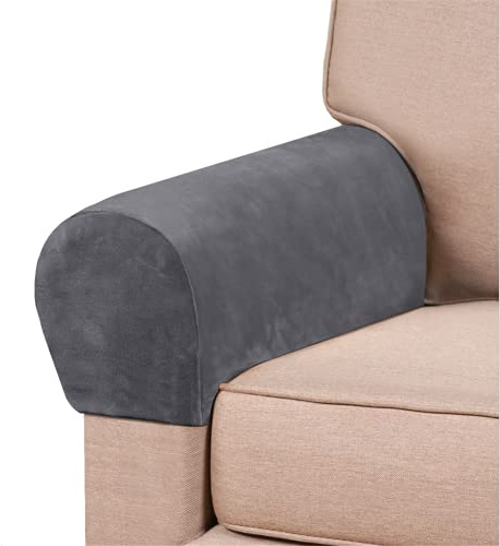 GAMUKAI Stretch Armrest Covers Velvet Arm Covers for Chairs Couch Sofa Armchair Slipcovers for Recliner Sofa 2pcs (Grey)