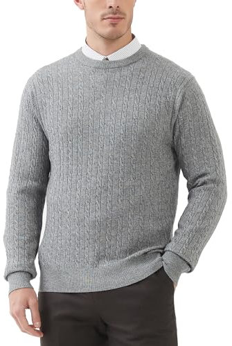 Kallspin Men’s Big Tall Wool Blend Jumper Sweater Cable-Knit Crewneck Pullover Casual Knitwear(Light Grey, 2XL-Tall)