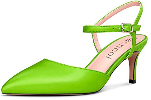 Aachcol Donna Spillo Medio Gattini Tacco Heel Pumps Cinturino alla Caviglia Slingback a Punta Dress Scarpe Ufficio Feste da Matrimonio Raso Verde Lime 6.5 CM 35 EU