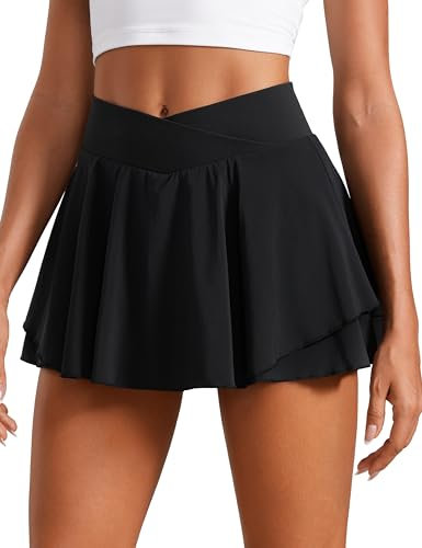 CRZ YOGA Damen Tennis Rock mit Hose Tennisrock Crossover High Waist Skort Golfrock Wanderrock Skater Sport Hosenrock Schwarz 38