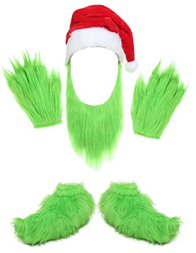 SINSEN 4 Stück Grinch Bart Nikolausmütze mit pelzigen Handschuhen Schuhe grünes Monster Plüsch Kostüm Zubehör Cosplay für Weihnachten Halloween Party Erwachsene Verkleidung