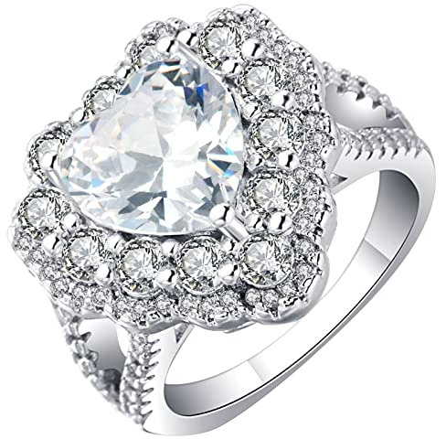 BCughia Ring Zirkonia, Herz Ring Verlobung Silber Weiss Kupfer Weiß Herzschliff Herzform Weiß Vorschlag Eheringe Geschenke für Damen Größe 54 (17.2)