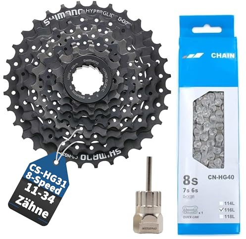 MSZweirad Verschleißset Kassette CS-HG31 8-Fach + passende Kette CNHG40 Abstufung auswählbar aus 11-30 | 11-32 | 11-34 inklusive Werkzeug (11-34 Zähne)