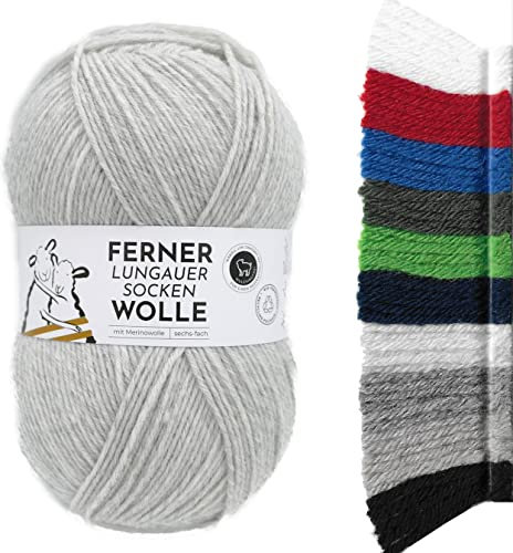 Ferner Wolle Lungauer Sockenwolle 6fach uni | mit Merinowolle mulesingfrei | Sockengarn 6-fädig einfarbig | dicke Strumpfwolle zum Stricken oder Häkeln | 150g 425m (LU6-19 hellgrau)