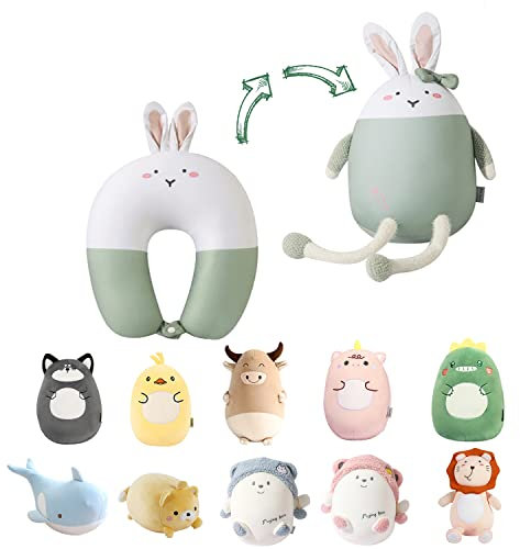 JOYRAVO Kinder Reisekissen - 2-in-1 verformbares Nackenkissen, weiches U-förmiges Kissen mit niedlichen Plüschtieren, gemütlicher Schlaf- und Spielbegleiter für Flugzeuge, Autos und Reisen - Hase