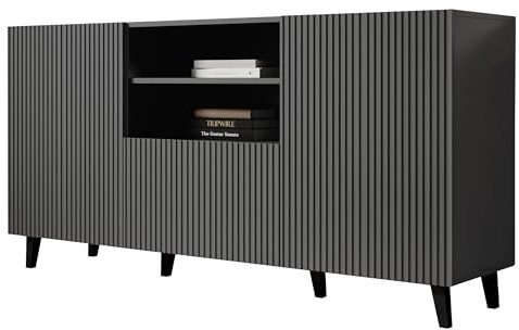 Mirjan24 Kommode Vailbo Grey 150 mit Schublade und 2 Türen, Schubladenkommode, Anrichte, Mehrzweckschrank, Highboard, Sideboard, Wohnzimmer, Esszimmer (Anthrazit)