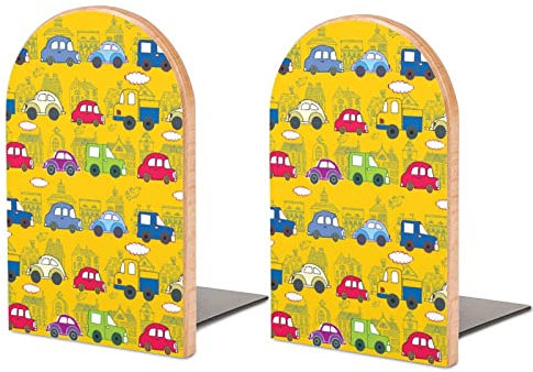 Bunte Auto-Buchstützen, dekorativer Druck, Holz-Buchstützen für Regale, 1 Paar