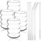SevenMye 4 Pack Creative Beer Glasses Cups Ripple Shaped Vintage Clear Drinking Glasses with Straws Set Cute Drinking Glasses Coffee Glasses Ribbed Glassware Aesthetic Cups for Kitchen Juice Beverage