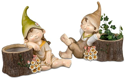 Sommerkinder Gartenfiguren mit Blumenkübel sitzend 33 cm hoch im 2er Set Felix und Suse 739