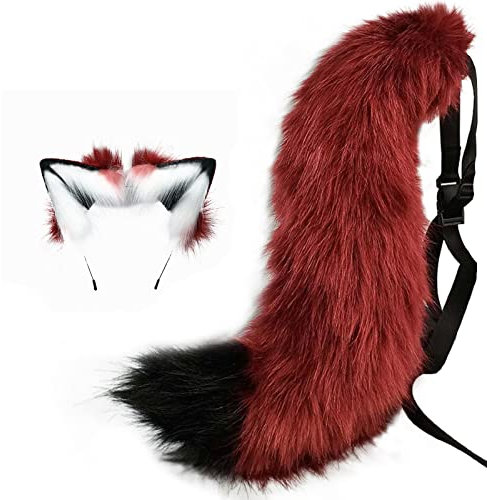 Fxaelian Tier Big Tail Fuchs Katze Hund Wolf Schwanz und Ohren Stirnband Cosplay Kostüm Zubehör, H- Burgunderrot, 42