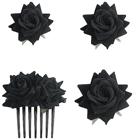 SUNTRADE 4 Stück Frauen Rose Haarnadel, Braut Rose Brosche Haarspange Hochzeit Floral Clips für Frauen Mädchen Party Hochzeit (Schwarz)