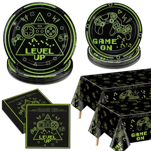 Video Game Party Decorations - Green Gaming Birthday Decorations Includes Game On Plates, Napkins, Tablecloth for Boys Level Up Birthday Decorations Game On Party Supplies, Serve 40