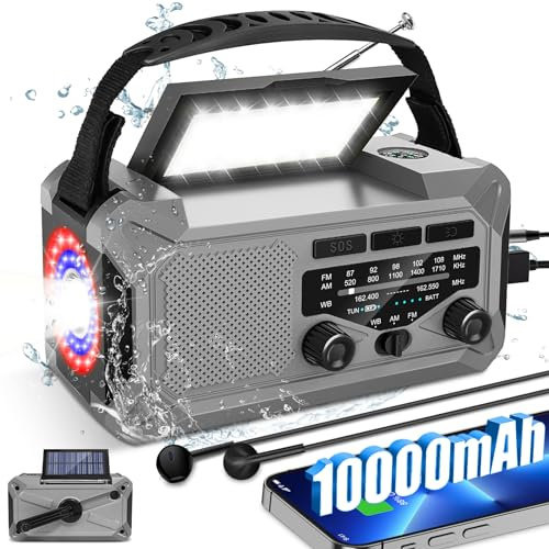 Radio meteorológica de emergencia de 10000 mAh con altavoz inalámbrico, 37000 mWh NOAA/AM/FM Radio solar con batería de linterna, cargador de teléfono, brújula, lámpara de lectura, alarma SOS (gris)