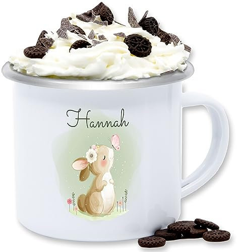 Emaille Tasse Blechtasse - Süßer Hase mit Name personalisiert I Hasen Geschenk Bunny I Rabbit I Kaninchen - 300 ml - Weiß Silber - hasenmotiv ostern tassen osterhasen mug osterhase oster