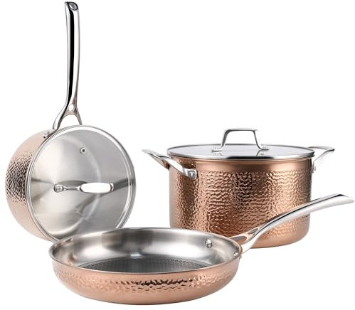 Cyrder Stainless Steel Pots and Pans Set, Luxury Tri-Ply Hammered Kitchenware Cookware with Lids, Heavy Duty & Non-Toxic Rose Gold Special Hammered Pattern Detail, 5-Piece