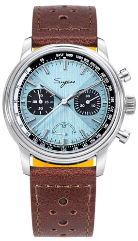 SUGESS Herren Panda 41 mm eisblaue Betriebsanzeige Chronograph braunes Leder 1963 BNIB, blau, Klassisch