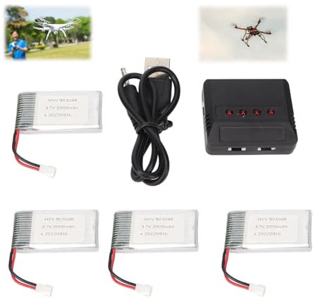 Lot de 4 Batteries de Drone 903048 3,7 V RC Rechargeables, Batterie au Lithium Portable UAV avec Chargeur, Batterie Lipo 2000 MAh, Accessoires Batterie de Drone RC
