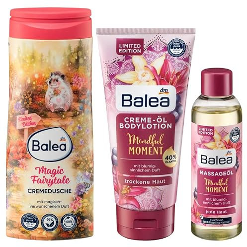 Balea 3er-Set Hautpflege: Duschgel Magic Fairytale für märchenhafte Wohlfühlmomente, 300 ml + Bodylotion Natural Beauty Rose Mandelöl Drachenfrucht, 200 ml + Massageöl Mindful Moment, 100 ml (600 ml)