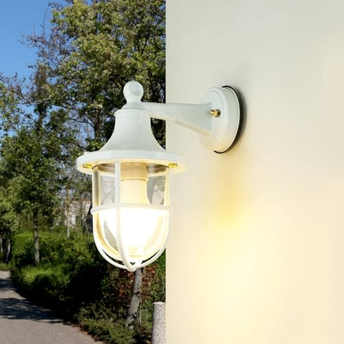 Licht-Erlebnisse Außenwandleuchte Weiß, Außenlampe Messing, Maritim, Wandlampe Messing, B:14 cm, IP64, E27, Haustür, Garten, Rustikal, Maritim, nostalgische Laterne
