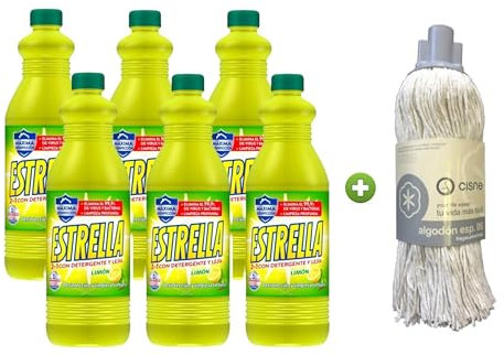 PoliChollo Estrella Detergente y Lejía con Aroma a Limón 1430 ml - Pack de 6 - Limpieza Profunda, Elimina Manchas y Desinfecta, Ideal para Cocinas y Baños + Fregona Cisne