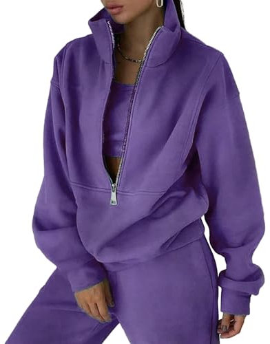 Dihope Sportiva Donna Completa Invernale Tuta 2 Pezzi Felpa con Cappuccio a Maniche Lunghe Elegante e Pantaloni Caldo Tinta Unita Completi con Tasca Per Jogging Casual, L, Viola
