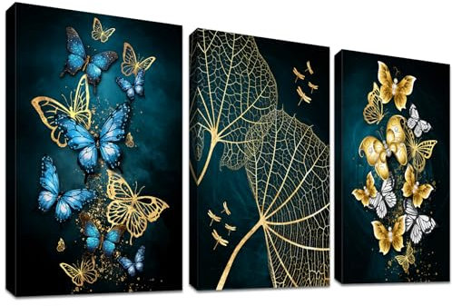 3 Panels Blau Goldener Schmetterling Mit Rahmen Leinwand Bilder Lotus Blätter Bild auf Leinwand Malerei Poster Wandbilder Moderne Wanddeko Wohnzimmer Schlafzimmer Dekorationen 150x70cm (20x28x3pcs)