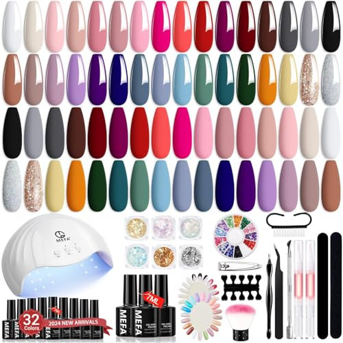 MEFA 54 Pcs Gel Nail Kit with 48W UV Lamp, 32 Colors Nude Pink Gray Gel Nail Polish Set with Base and Matte Glossy Top Coat Nail Art Decorations Manicure Tools DIY Salon Home