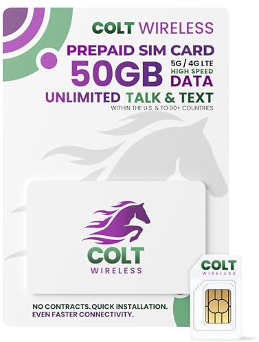 Tarjeta SIM Prepago Física Colt Wireless de 30 Días Desde EE. UU. con 50GB de Datos 4G LTE/5G Ilimitados, Llamadas y SMS a más de 90 Países, Plan Prepago con Hotspot Móvil, Activación Fácil