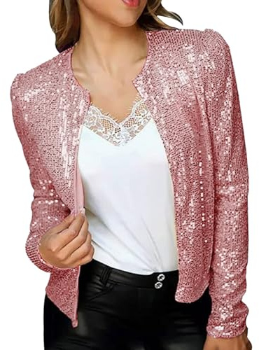 Lazzboy Pailletten Blazer Damen Glitzer Jacke Cardigan Langarm Party Club Tailliert Anzugjacke Outfits Clubwear Offene Festlich Bolero Glänzend Karneval Fasching Kostüm