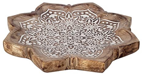 ROCKING GIFTS Plato Bandeja Centro de Mesa Forma Flor Mandala, Vaciabolsillos de Madera Marrón y Blanco Decorativo para Entrada, Comedor, 22 cm