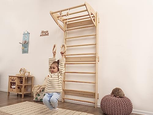 Wood And Hearts Drinnen Schwedische Leiter mit Seilzubehör, Kletterüberwurf für Kleinkinder, Baby-Kletterstruktur, Kinderkletterer in natürlicher Holzfarbe (Mit Paar Gymnastikringen)